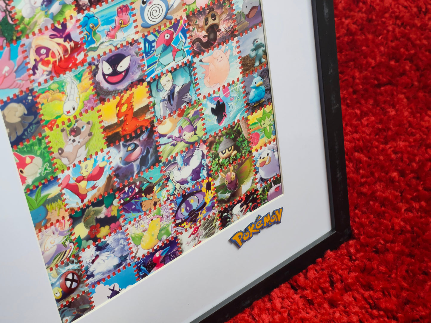 Pokémon illustration framed art featuring real cards