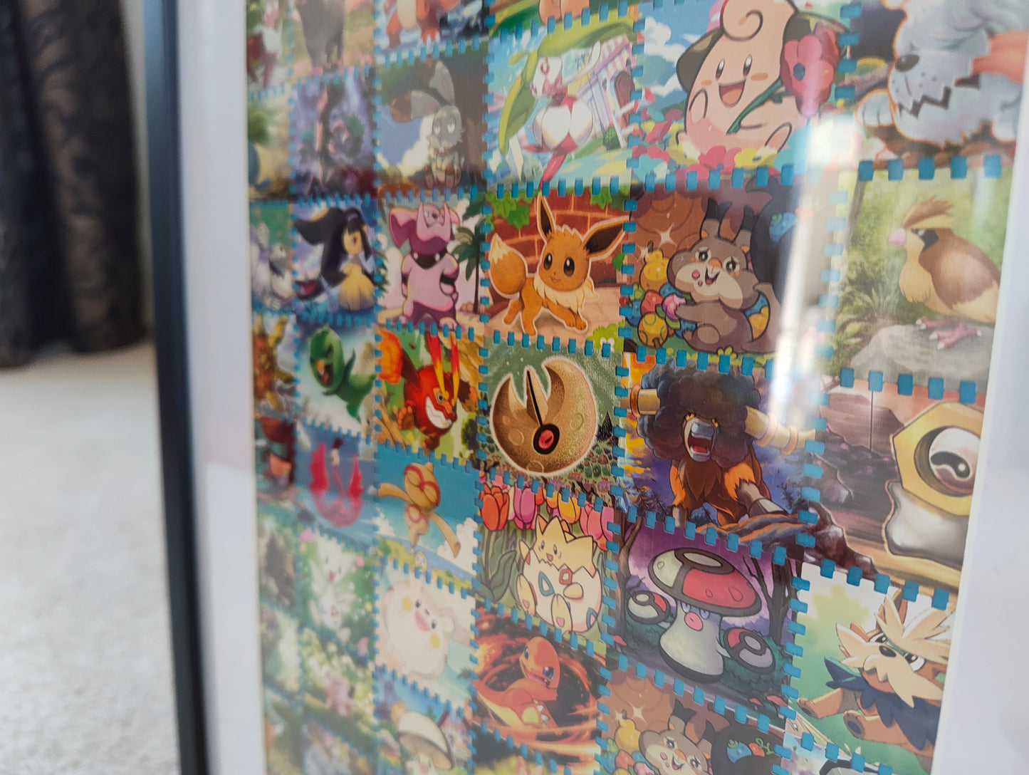 Pokémon illustration framed art featuring real cards